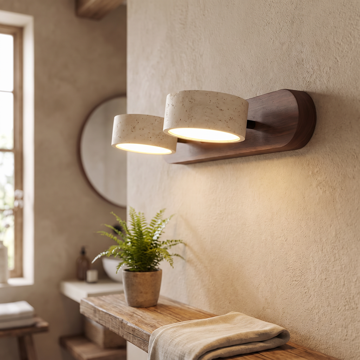 Travertine Head Wood Backplate Vanity Light - lifestyle