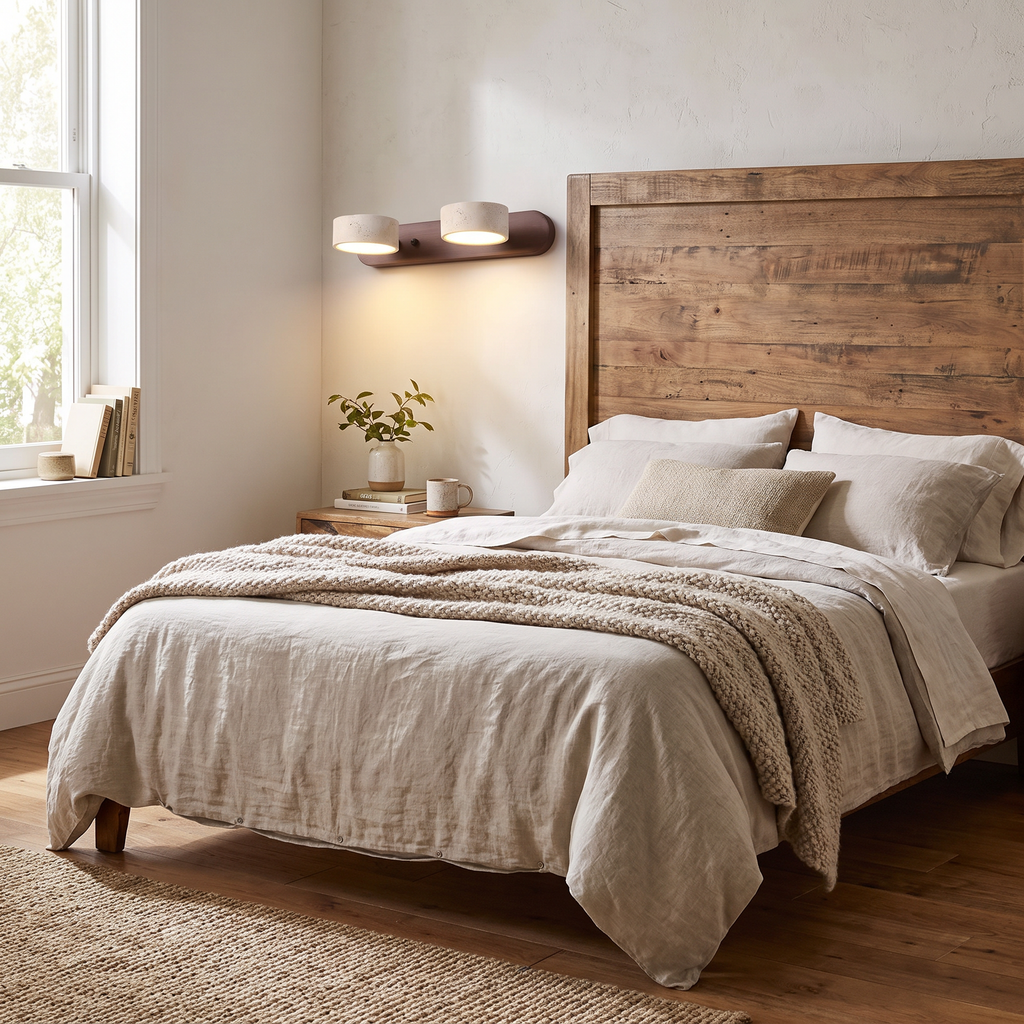 Travertine Head Wood Backplate Vanity Light - lifestyle