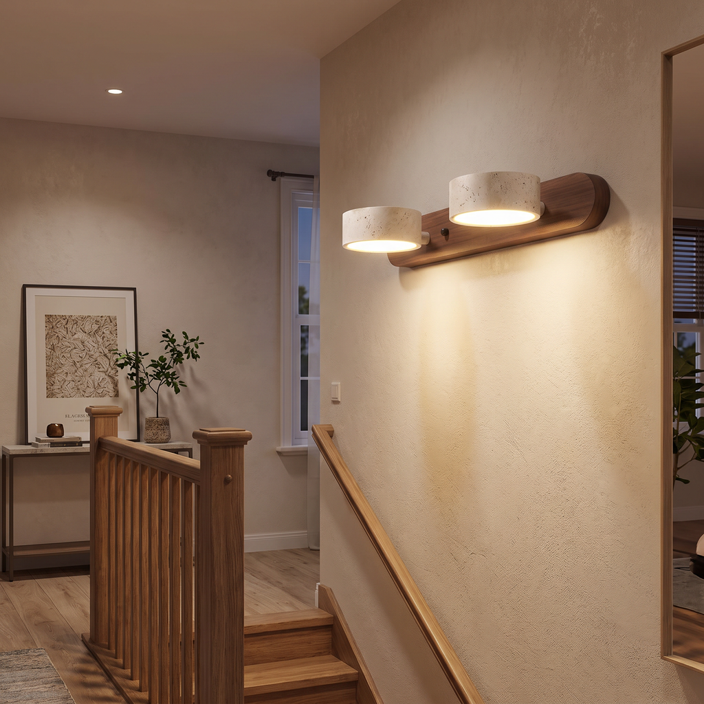 Travertine Head Wood Backplate Vanity Light - lifestyle