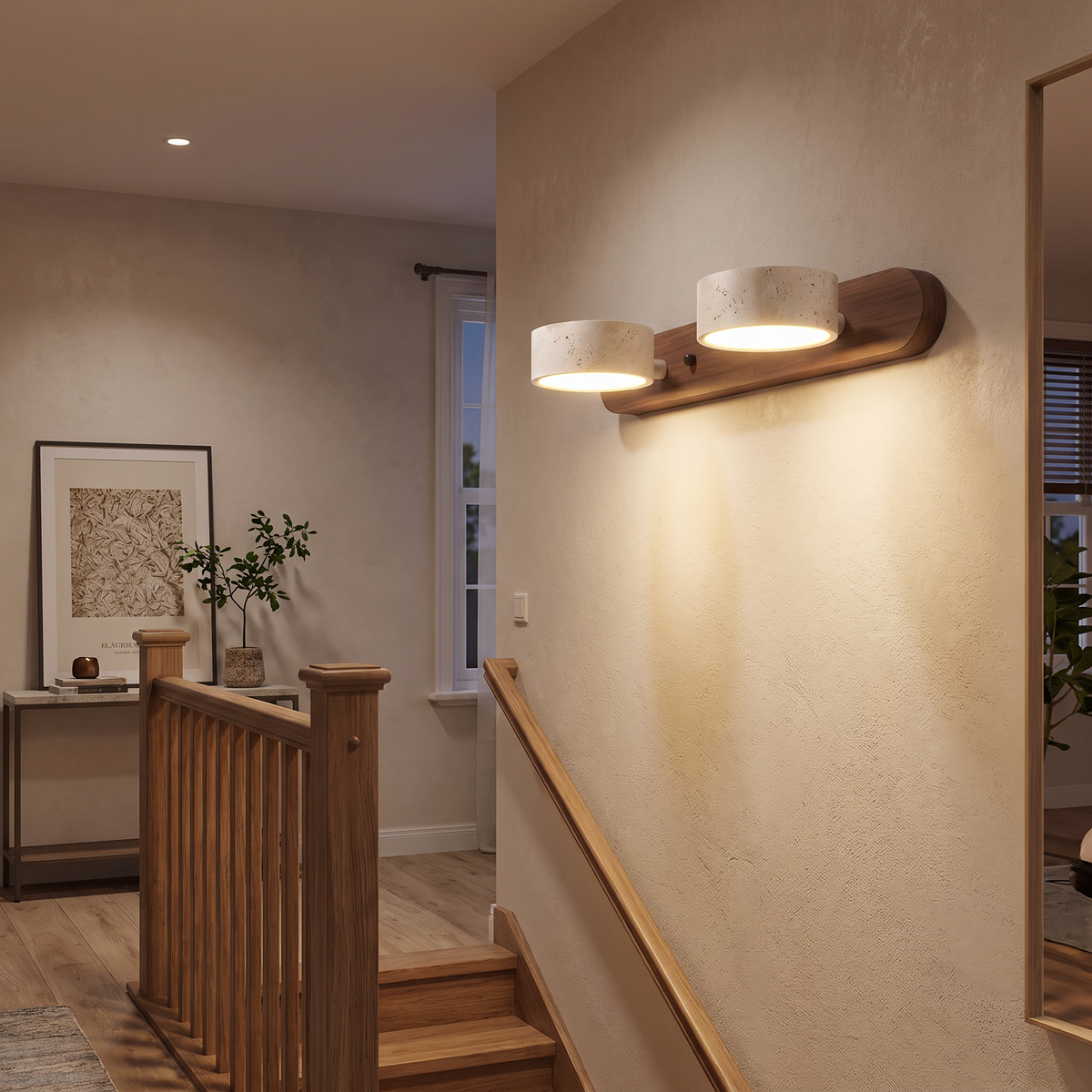 Travertine Head Wood Backplate Vanity Light - lifestyle