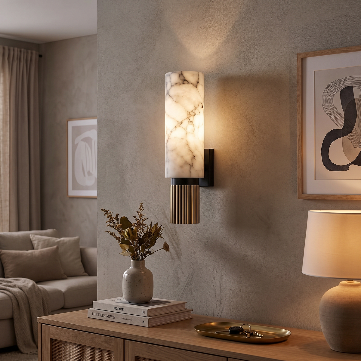 Fluted Base Alabaster Cylinder LED Sconce - lifestyle