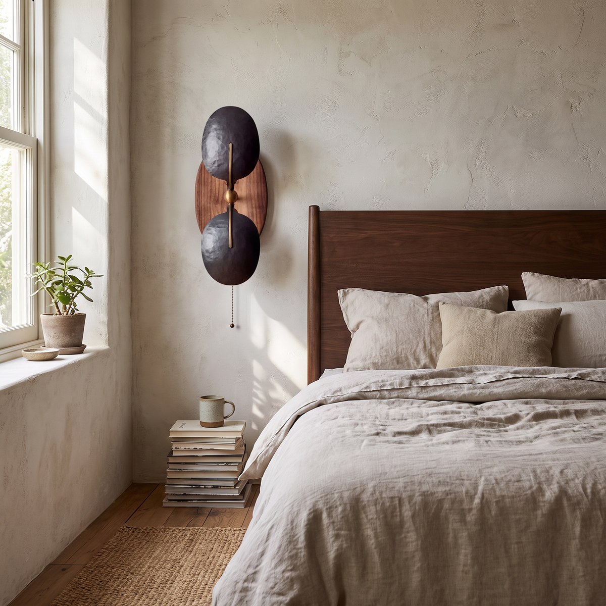 Hammered Metal and Walnut Up-Down Wall Sconce - lifestyle