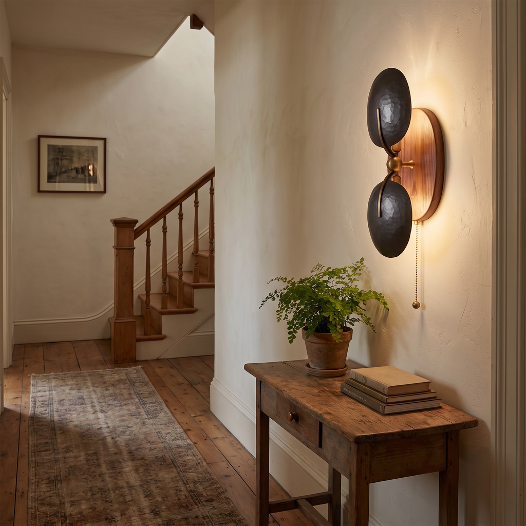Hammered Metal and Walnut Up-Down Wall Sconce - lifestyle
