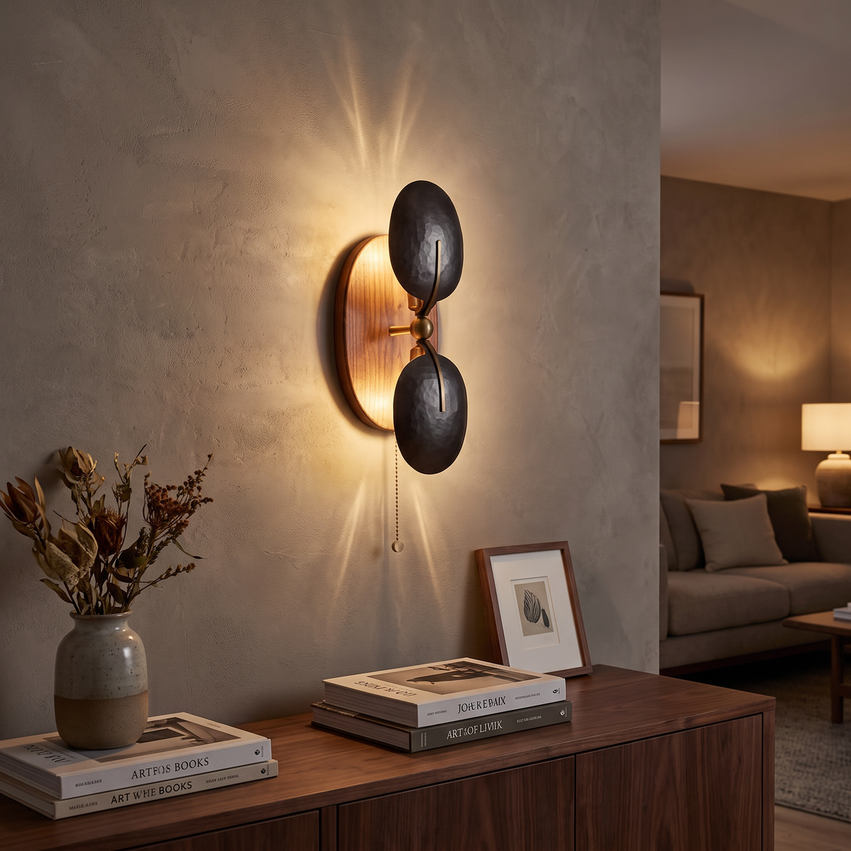 Hammered Metal and Walnut Up-Down Wall Sconce - lifestyle