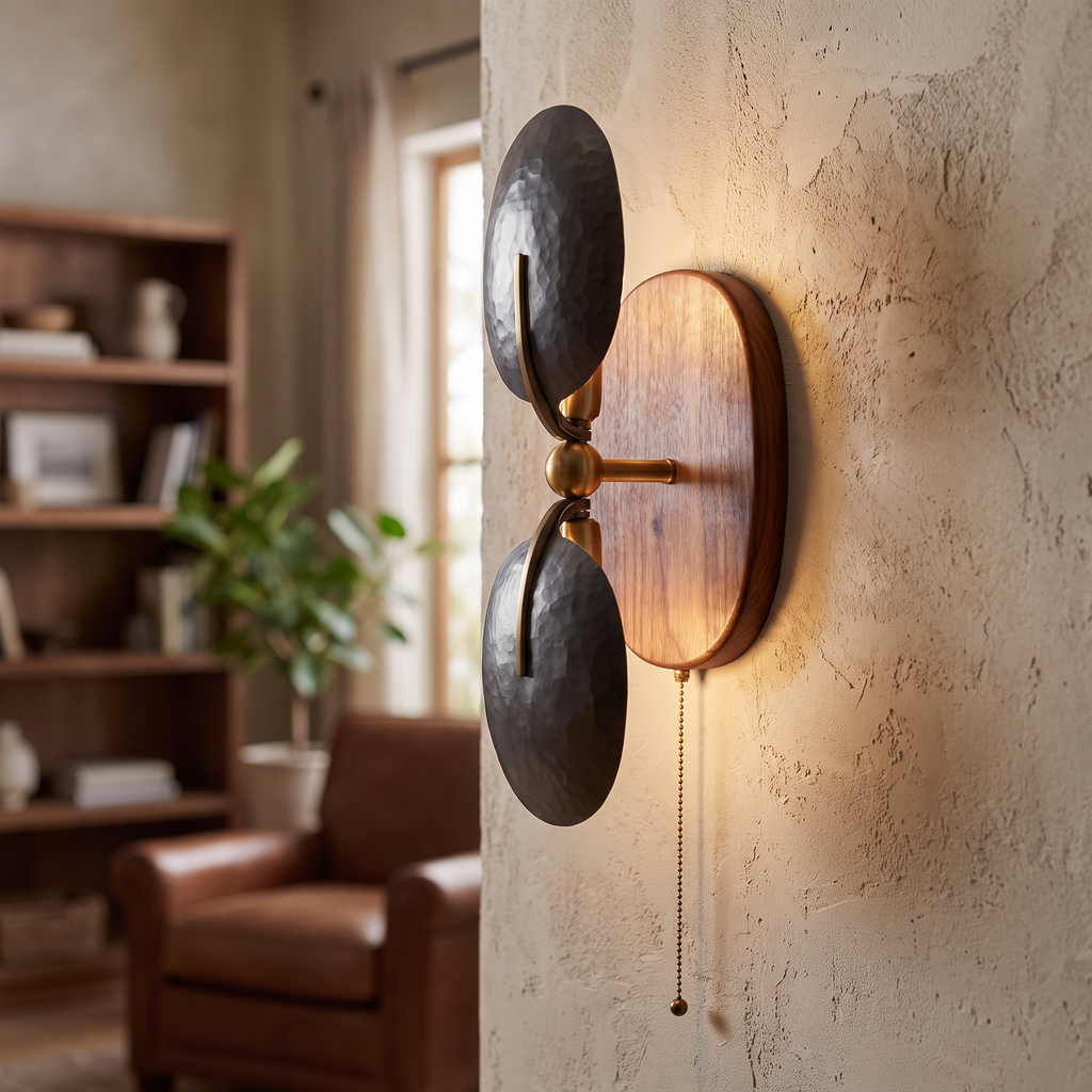 Hammered Metal and Walnut Up-Down Wall Sconce - lifestyle