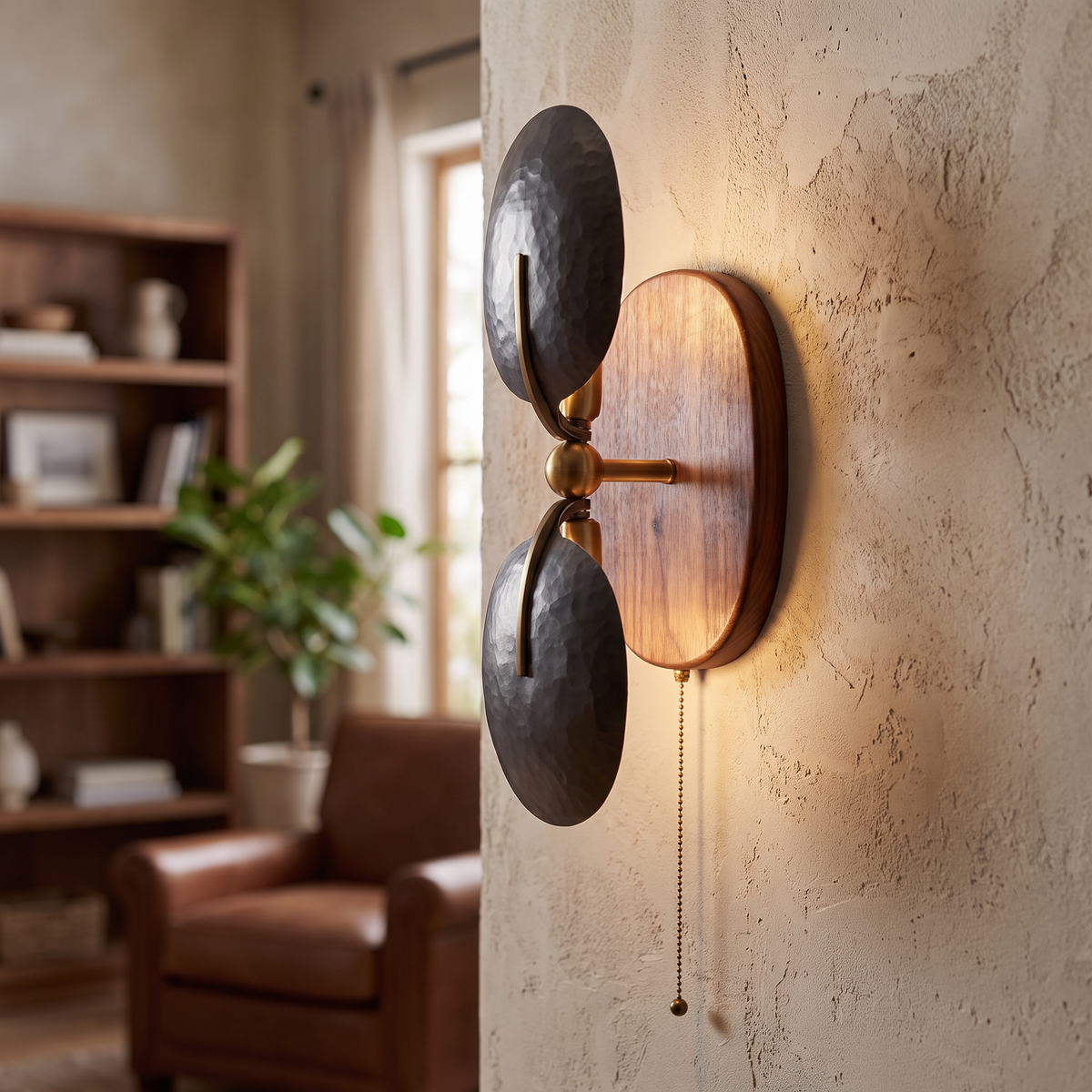 Hammered Metal and Walnut Up-Down Wall Sconce - lifestyle