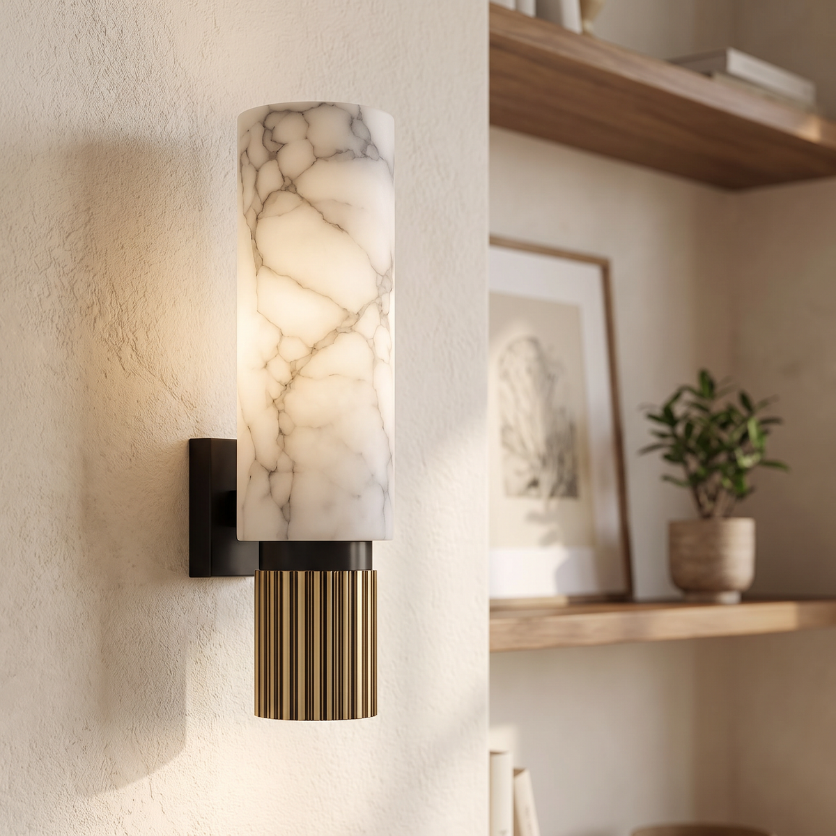 Fluted Base Alabaster Cylinder LED Sconce - lifestyle