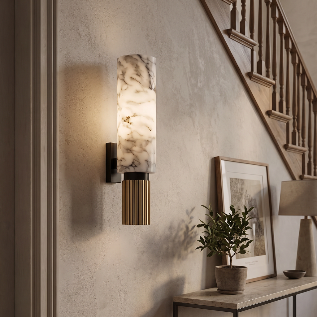 Fluted Base Alabaster Cylinder LED Sconce - lifestyle