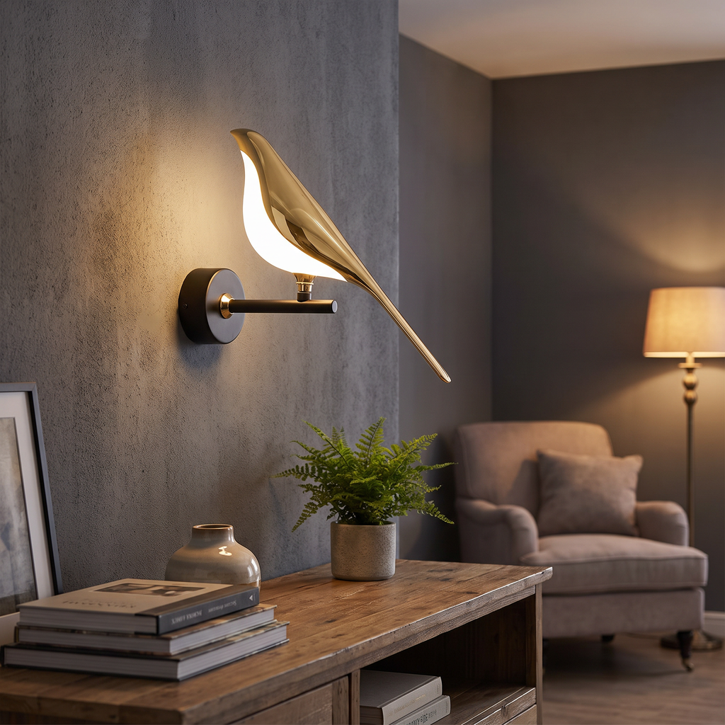 Gold Bird LED Plug-In Wall Sconce - lifestyle