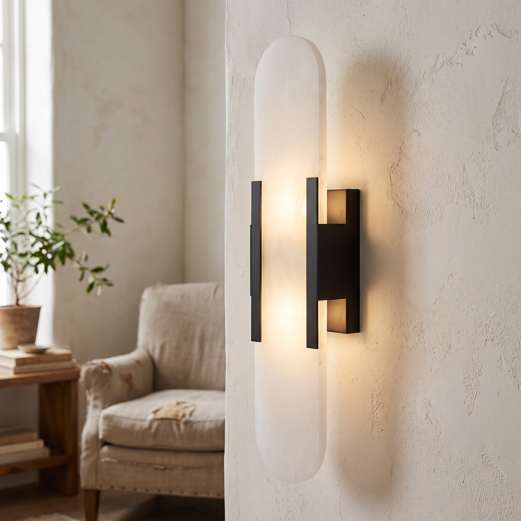 Rounded Alabaster Slab Clamp Wall Sconce - lifestyle
