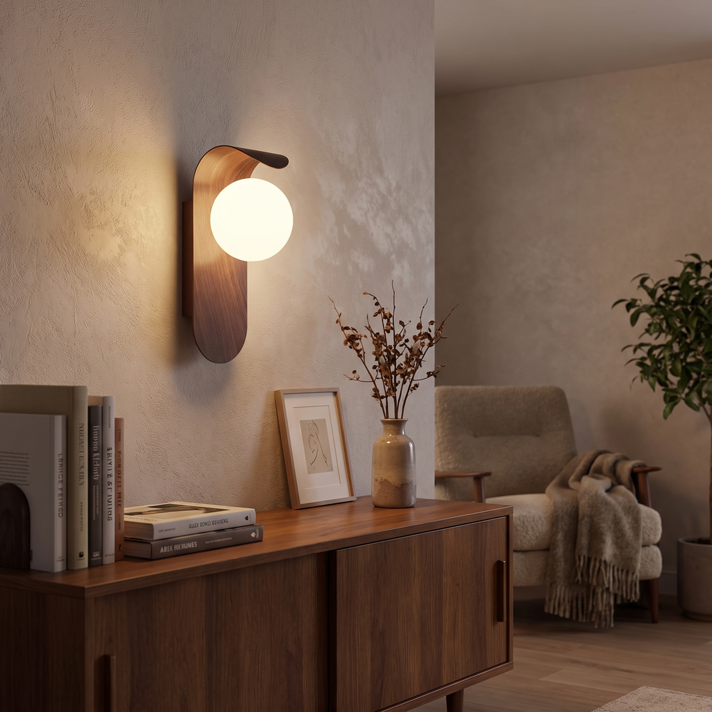 Curved Wood Hood Frosted Globe Wall Sconce - lifestyle