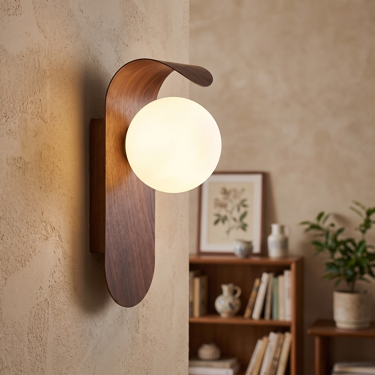 Curved Wood Hood Frosted Globe Wall Sconce - lifestyle