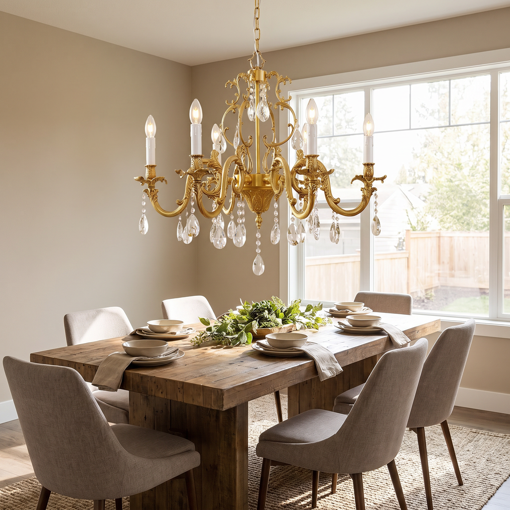 Gold Scroll-Arm K9 Crystal Candle Chandelier - lifestyle