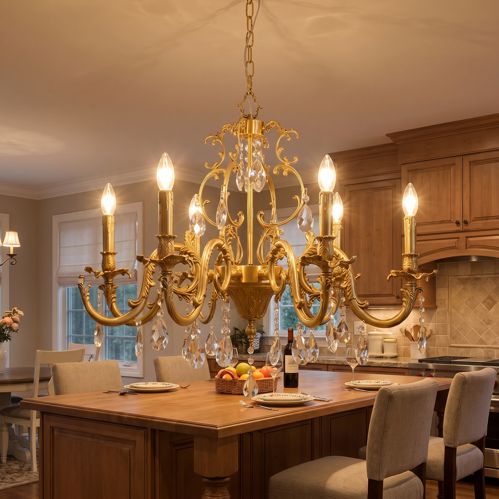 Gold Scroll-Arm K9 Crystal Candle Chandelier - lifestyle
