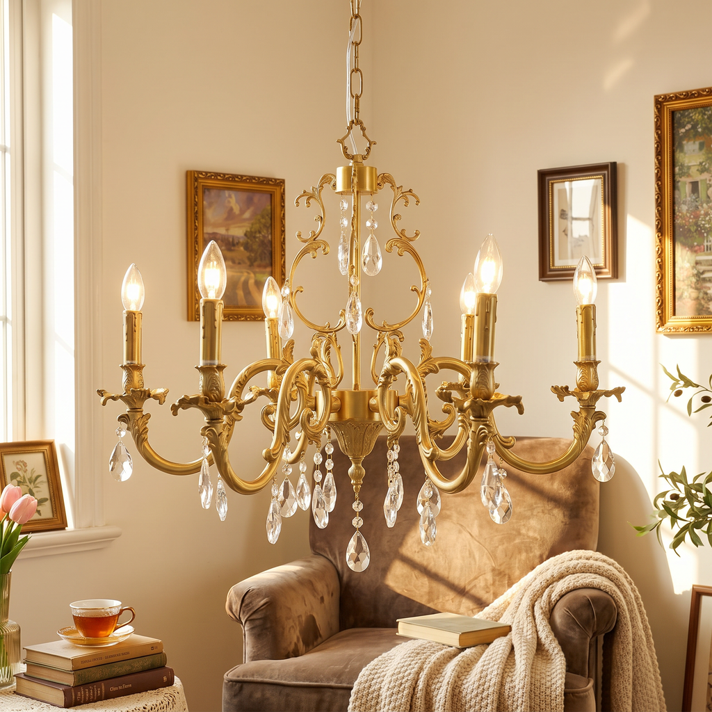 Gold Scroll-Arm K9 Crystal Candle Chandelier - lifestyle
