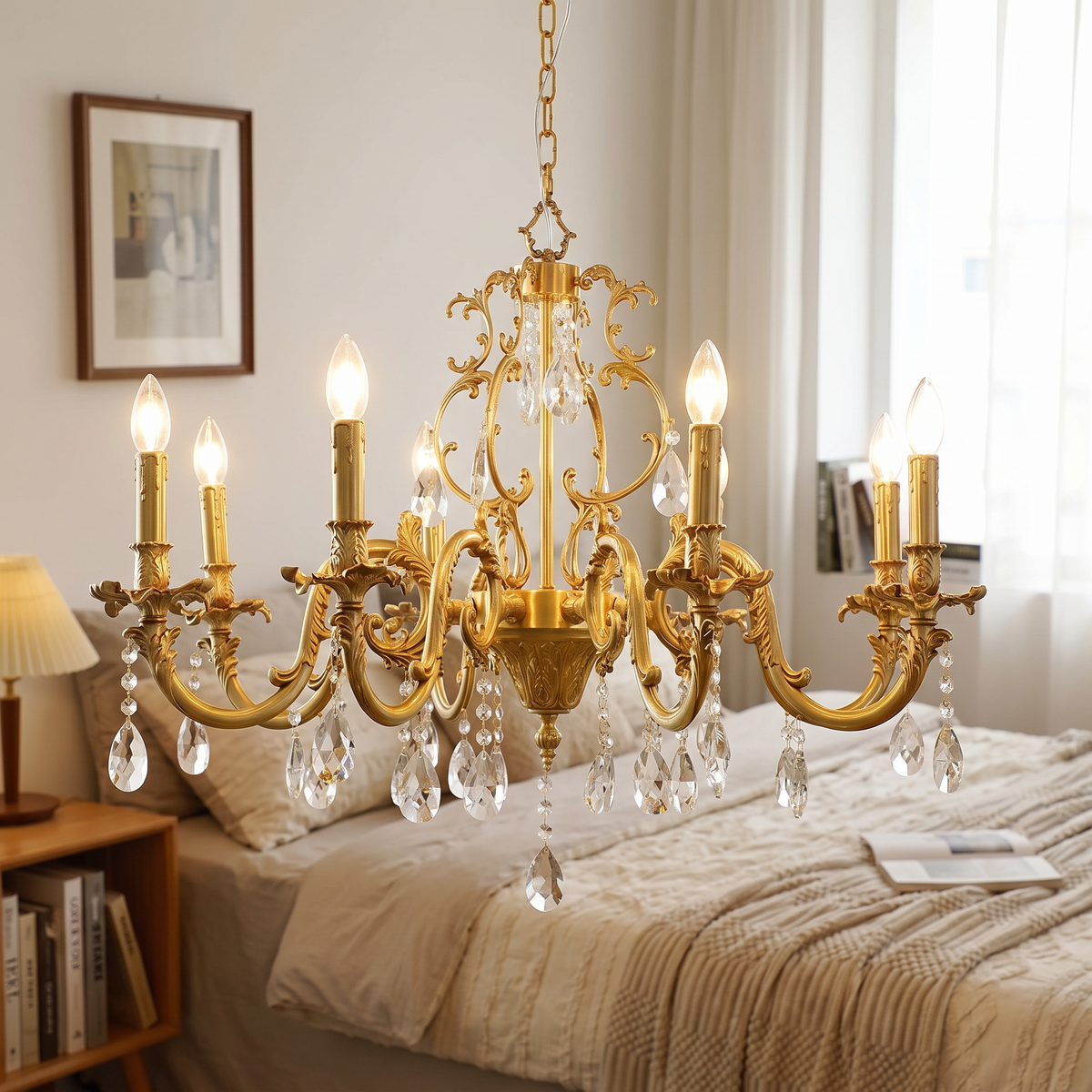 Gold Scroll-Arm K9 Crystal Candle Chandelier - lifestyle
