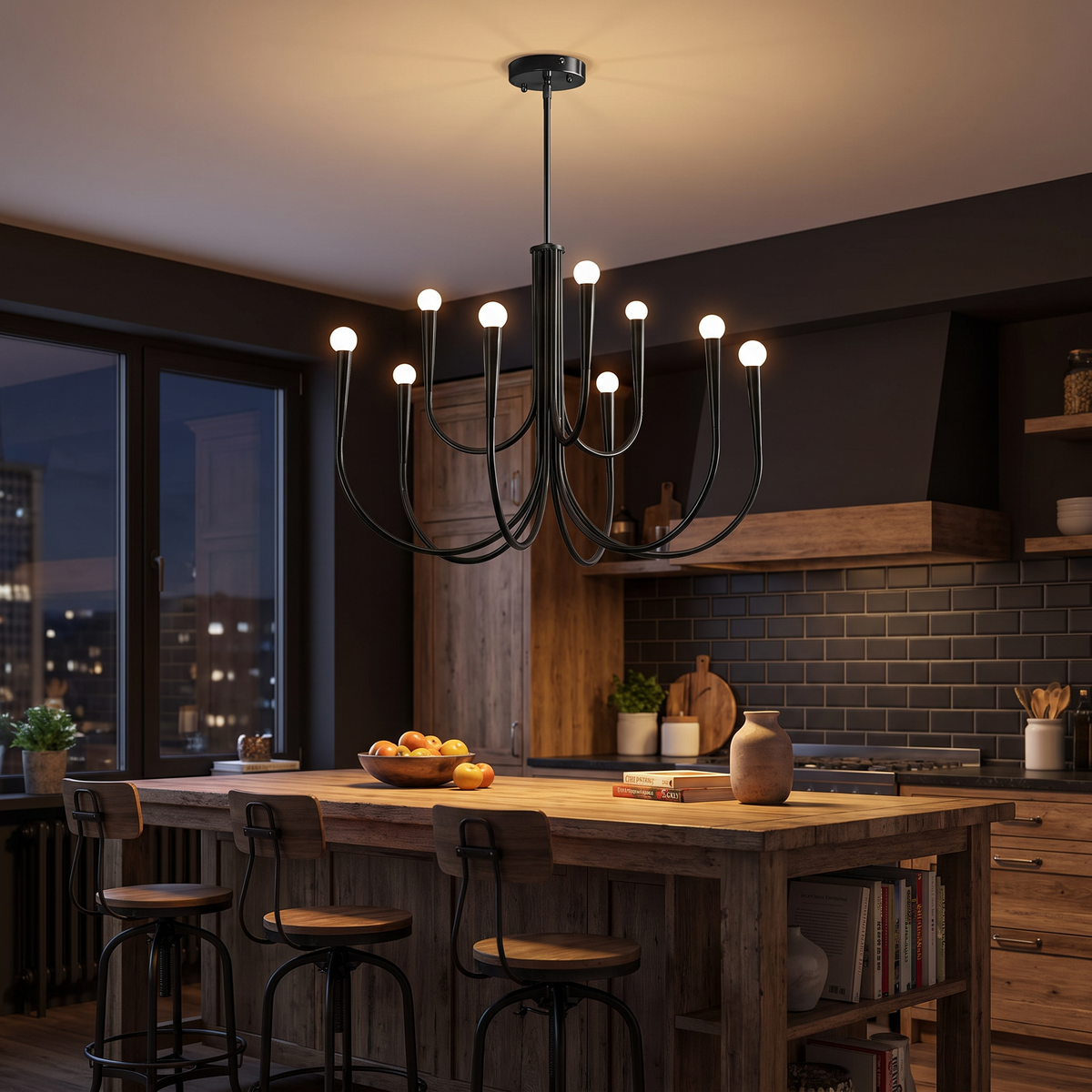 Swoop-Arm Exposed Bulb Modern Chandelier - lifestyle