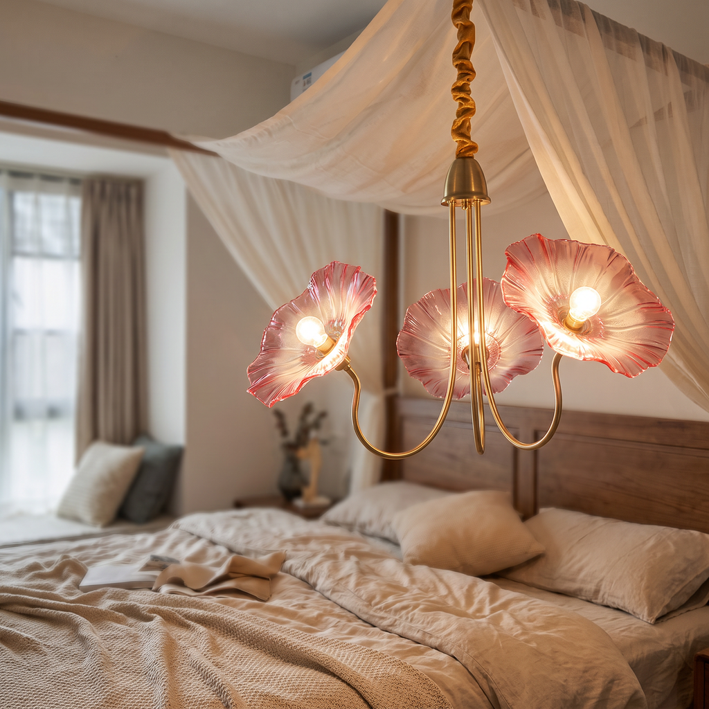 Ruffled Lotus Glass Curved Brass Arm Chandelier - lifestyle