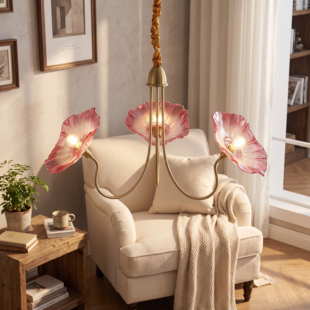 Ruffled Lotus Glass Curved Brass Arm Chandelier - lifestyle