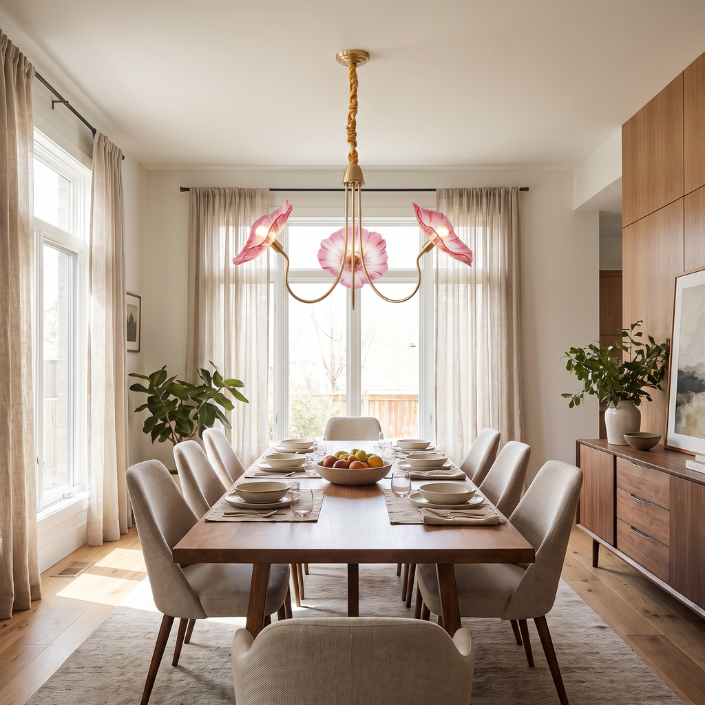 Ruffled Lotus Glass Curved Brass Arm Chandelier - lifestyle