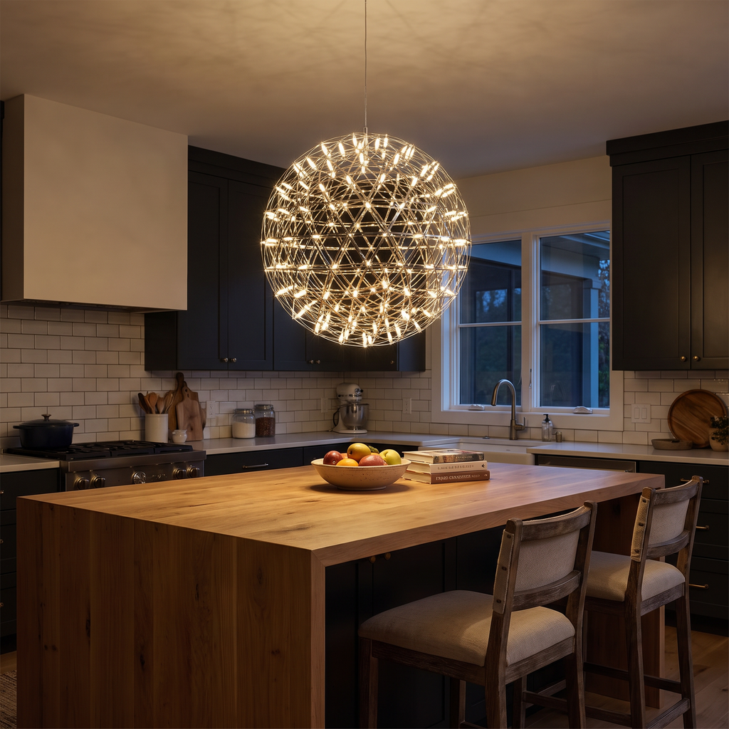 Stainless Steel Starburst Sphere LED Chandelier - lifestyle