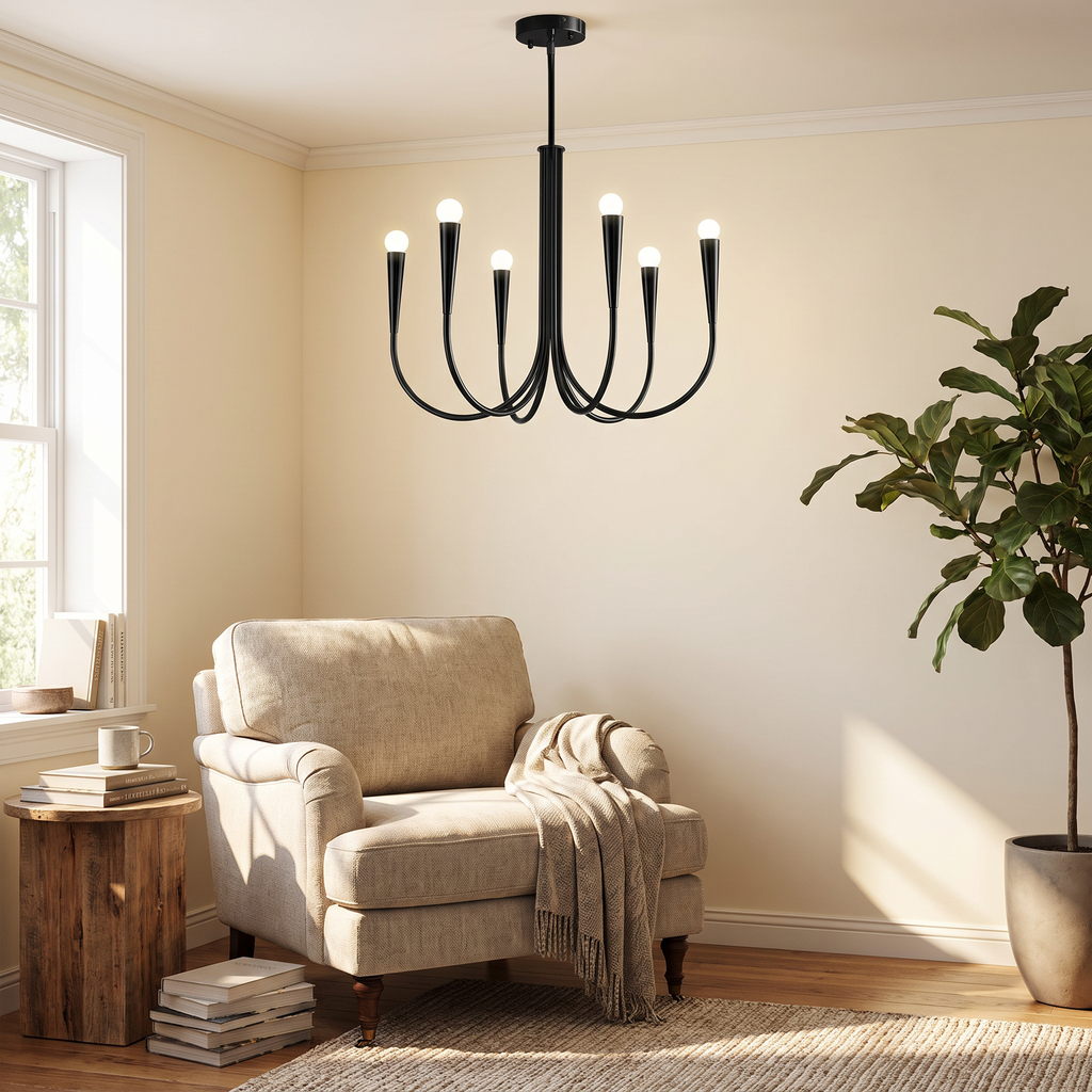 Swoop-Arm Exposed Bulb Modern Chandelier - lifestyle