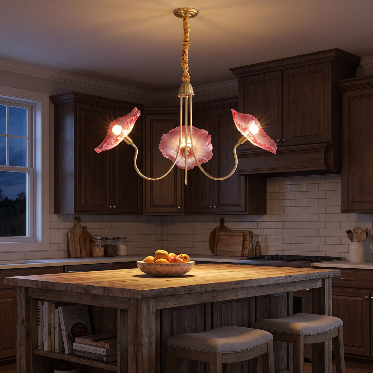 Ruffled Lotus Glass Curved Brass Arm Chandelier - lifestyle