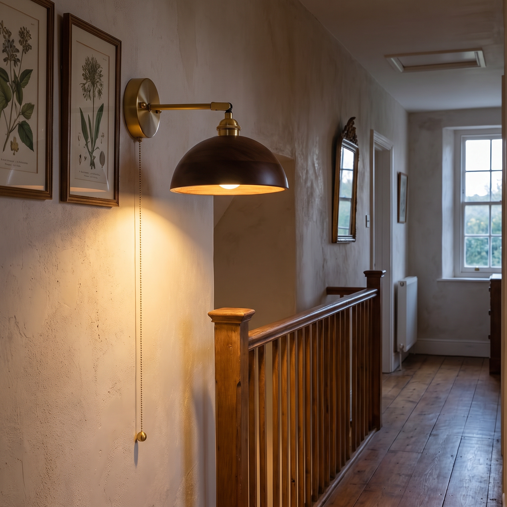 Walnut Shade Brass Arm Pull-Chain Wall Sconce - lifestyle
