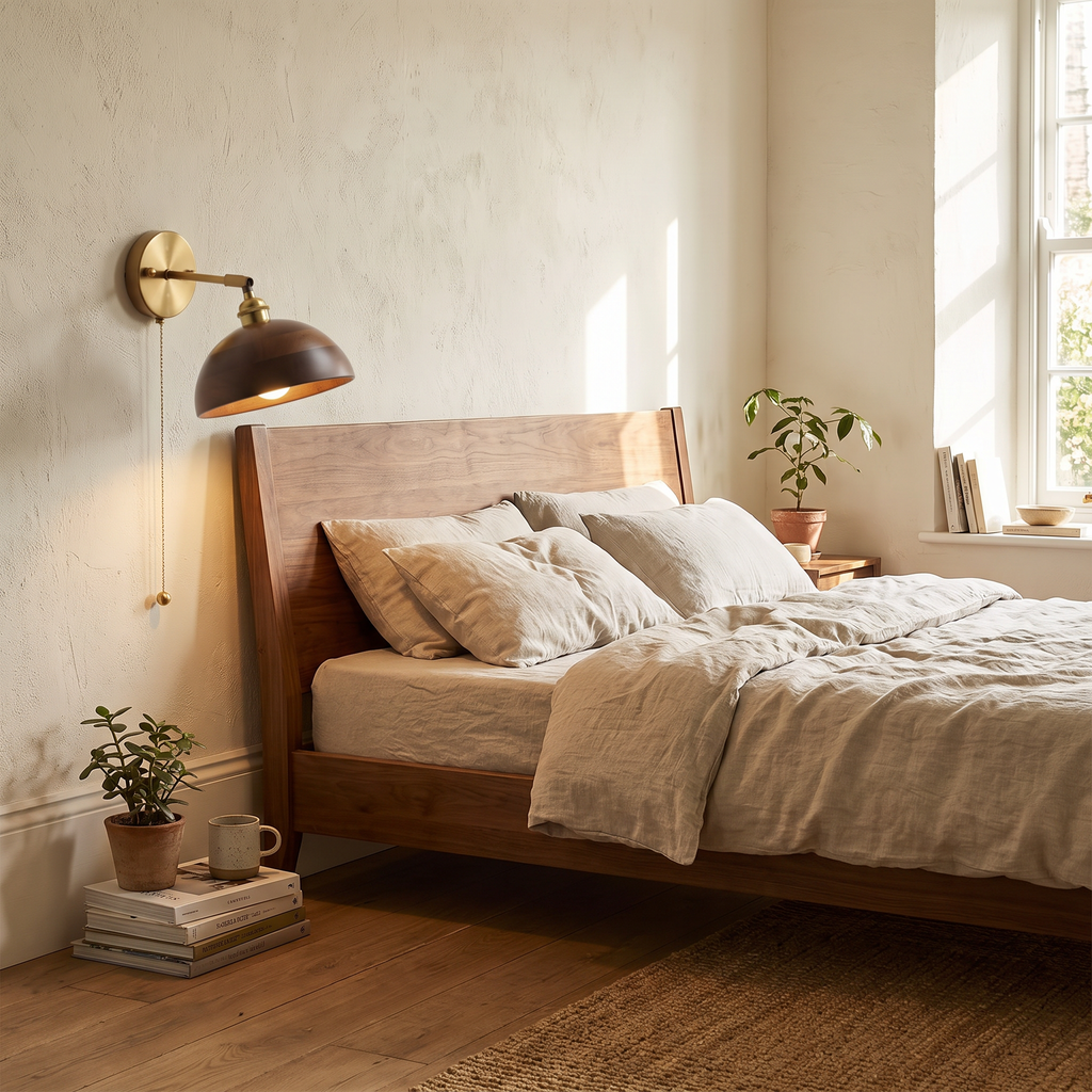 Walnut Shade Brass Arm Pull-Chain Wall Sconce - lifestyle