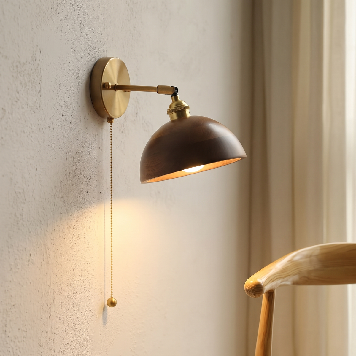 Walnut Shade Brass Arm Pull-Chain Wall Sconce - lifestyle