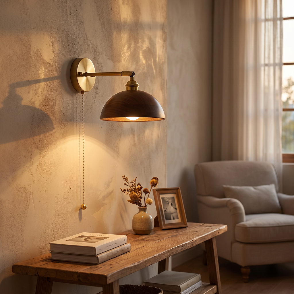 Walnut Shade Brass Arm Pull-Chain Wall Sconce - lifestyle