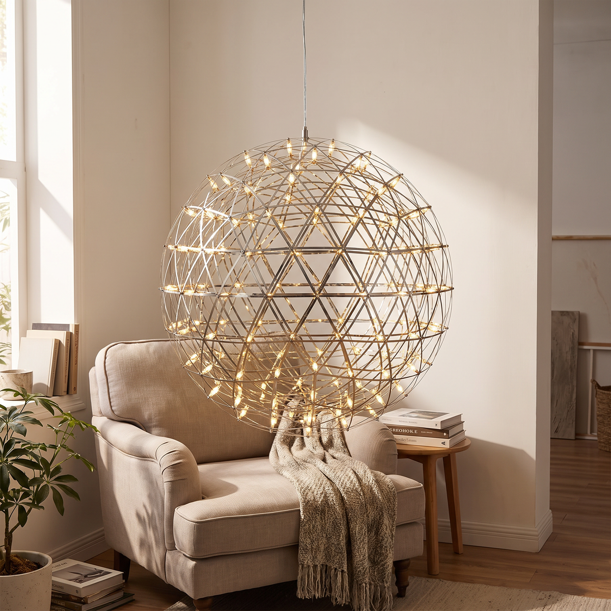Stainless Steel Starburst Sphere LED Chandelier - lifestyle