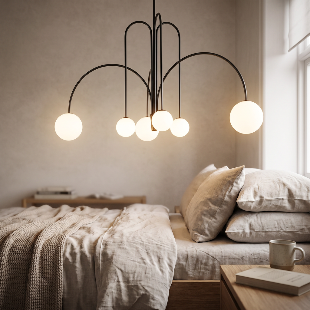 Arched Rod Opal Globe Chandelier - lifestyle