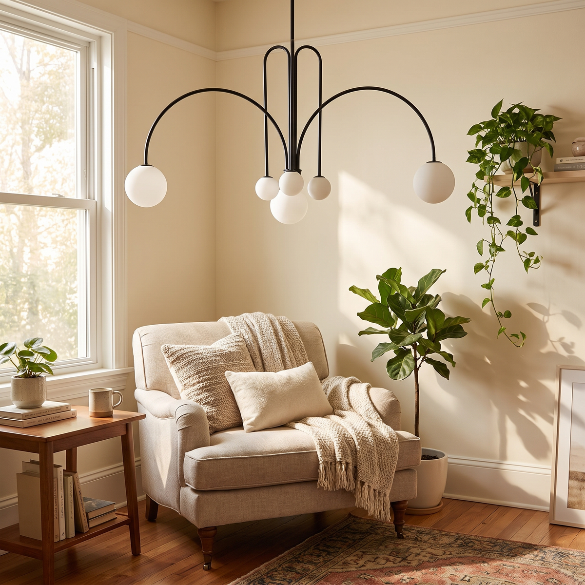 Arched Rod Opal Globe Chandelier - lifestyle