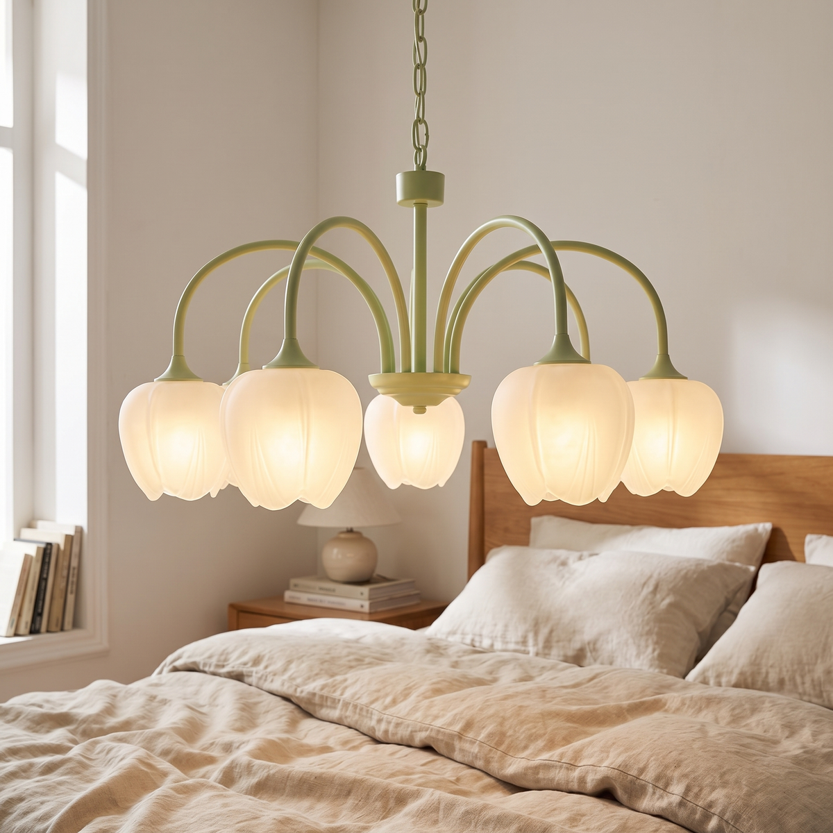 Ribbed Tulip Glass Curved Arm Chandelier - lifestyle