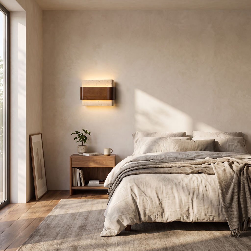 Travertine and Wood Band LED Wall Sconce - lifestyle