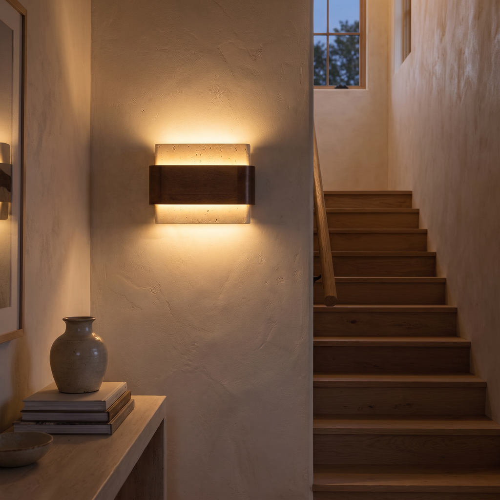 Travertine and Wood Band LED Wall Sconce - lifestyle