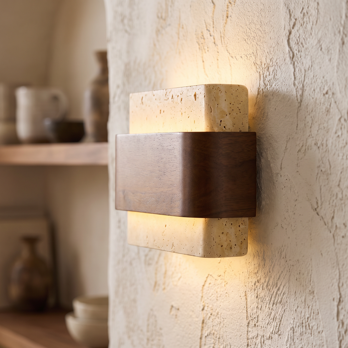 Travertine and Wood Band LED Wall Sconce - lifestyle