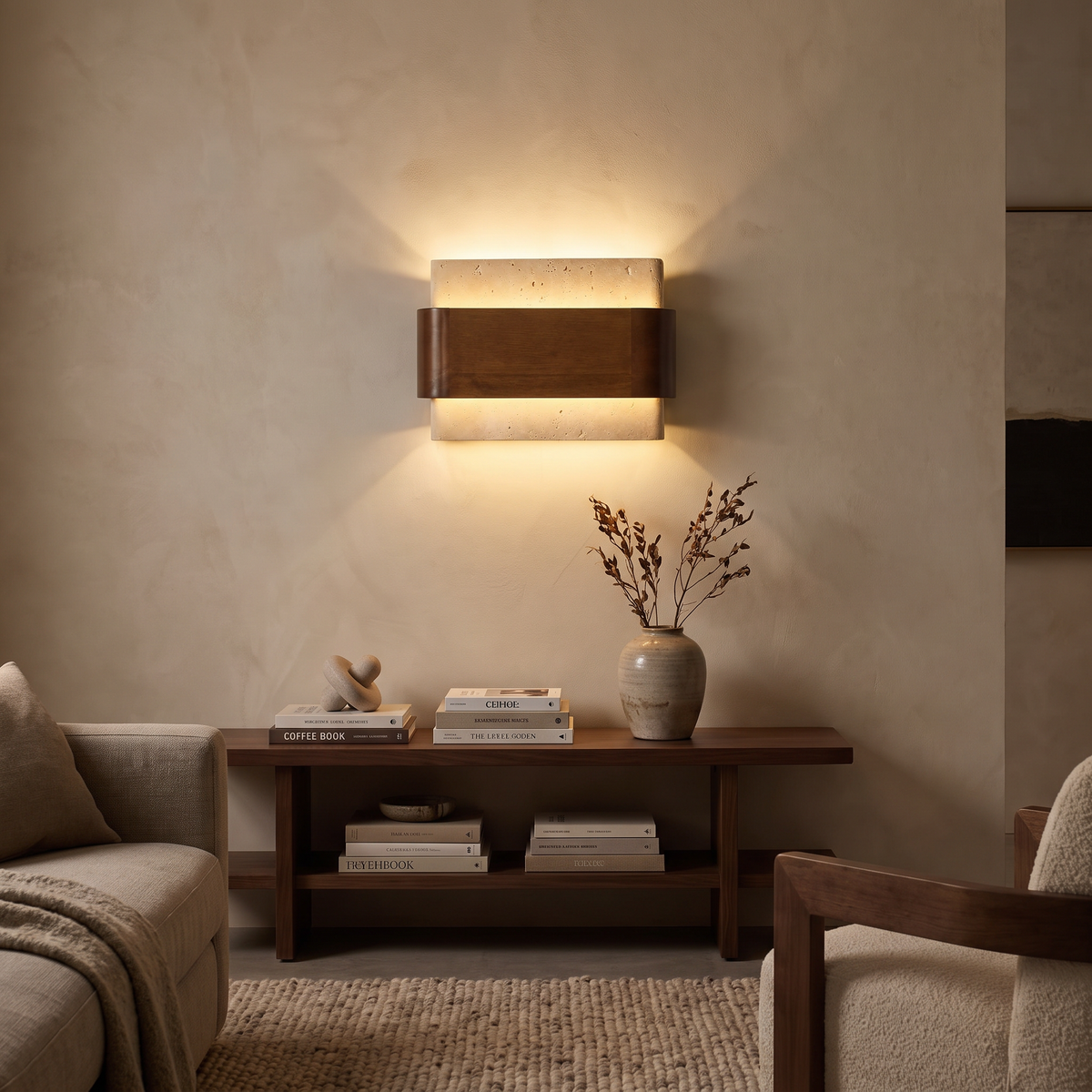 Travertine and Wood Band LED Wall Sconce - lifestyle