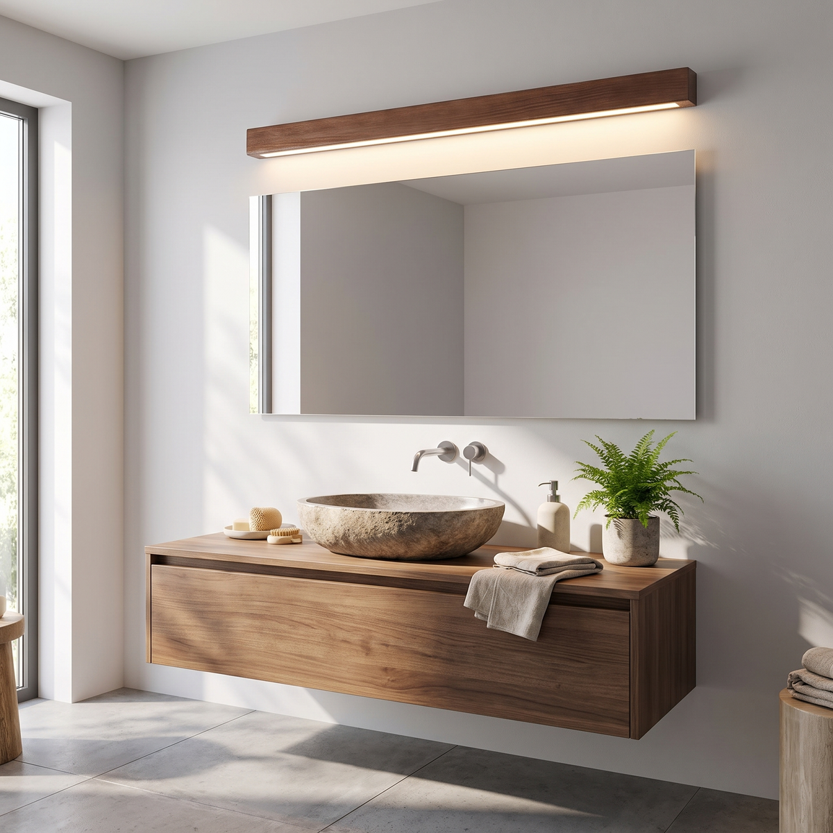 Ultra-Slim Wood-Finish Linear LED Vanity Light - lifestyle