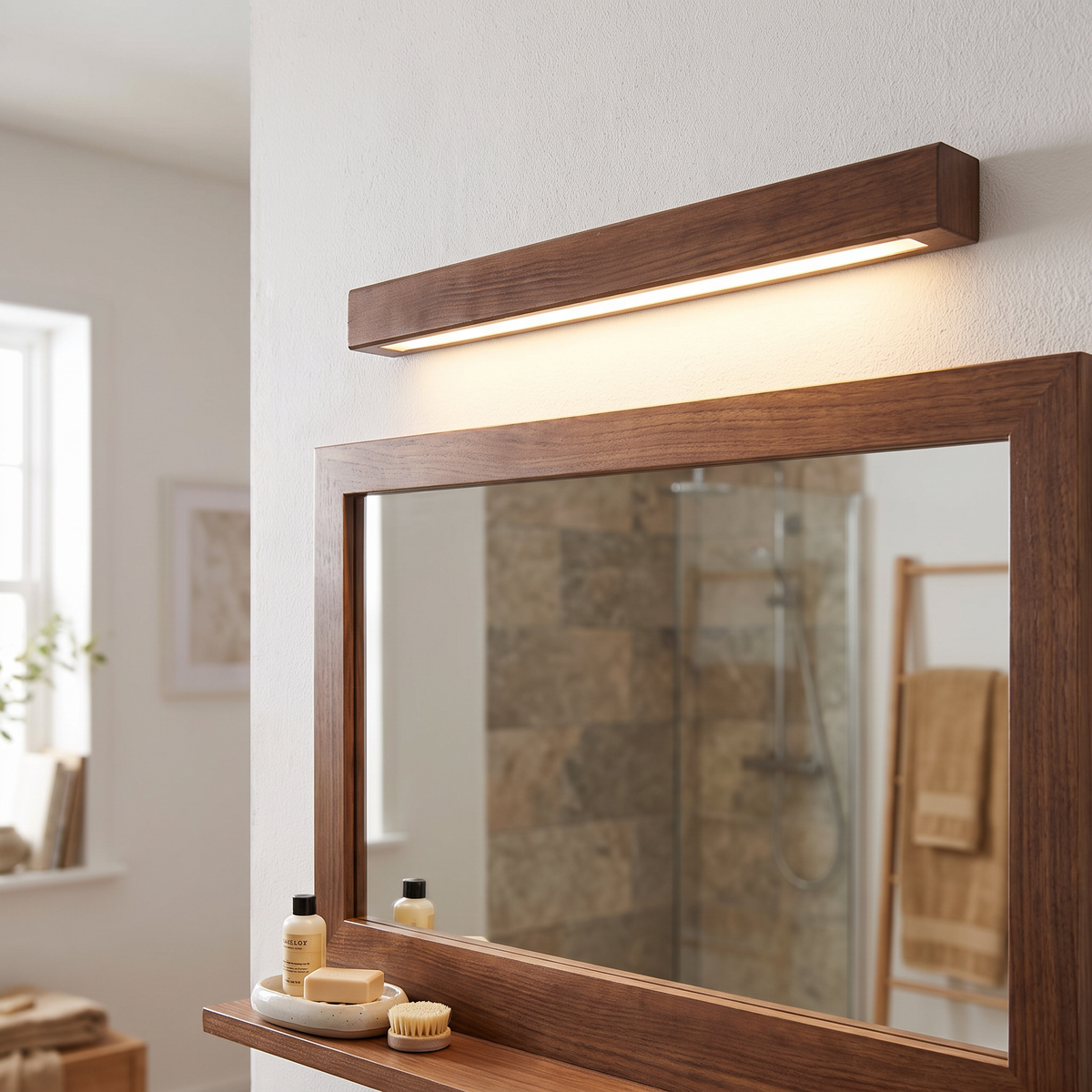 Ultra-Slim Wood-Finish Linear LED Vanity Light - lifestyle