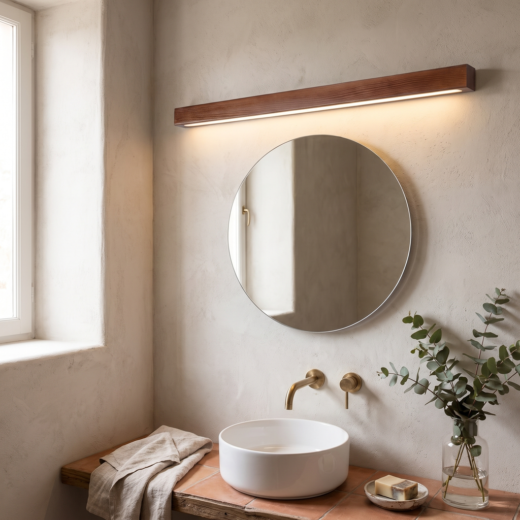 Ultra-Slim Wood-Finish Linear LED Vanity Light - lifestyle