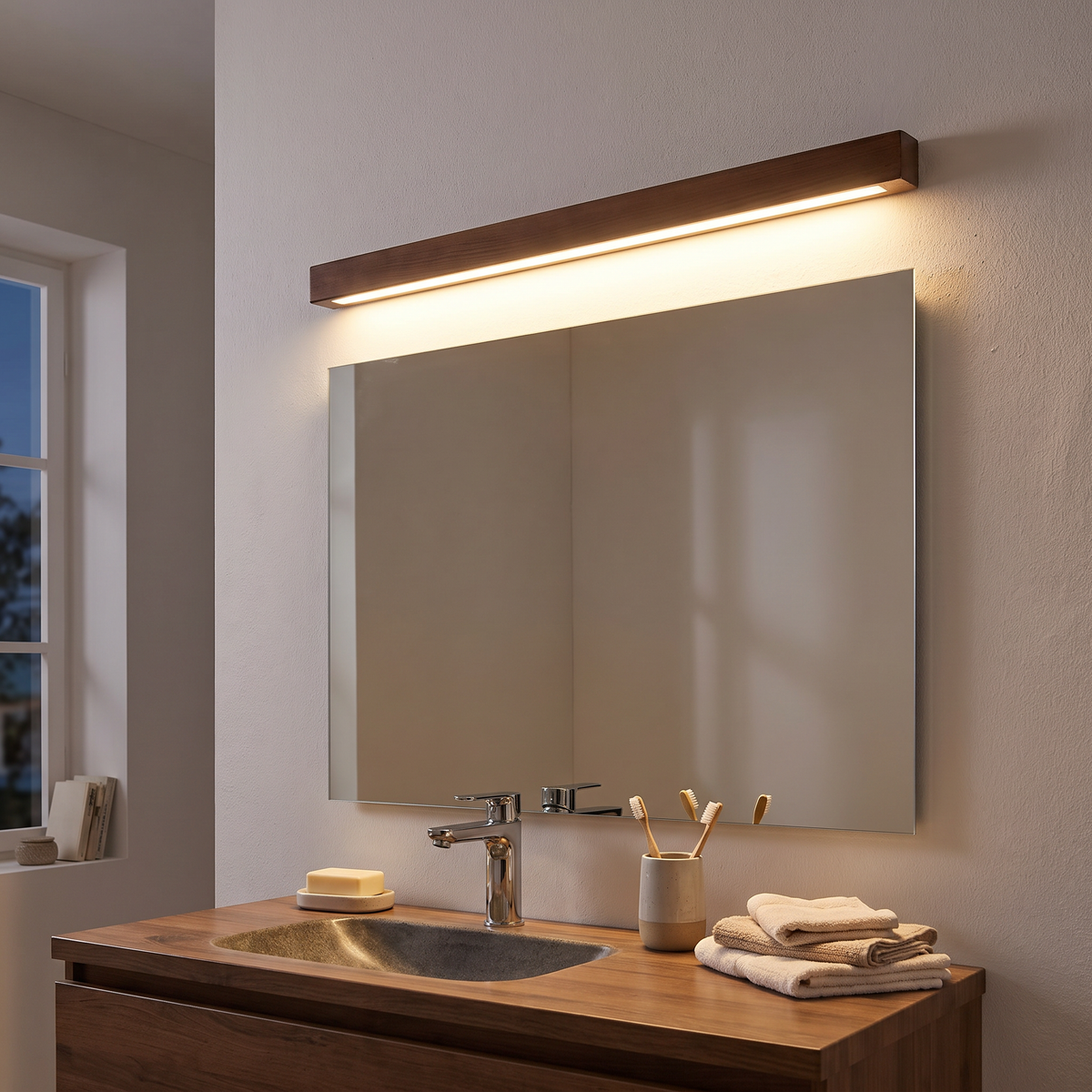 Ultra-Slim Wood-Finish Linear LED Vanity Light - lifestyle