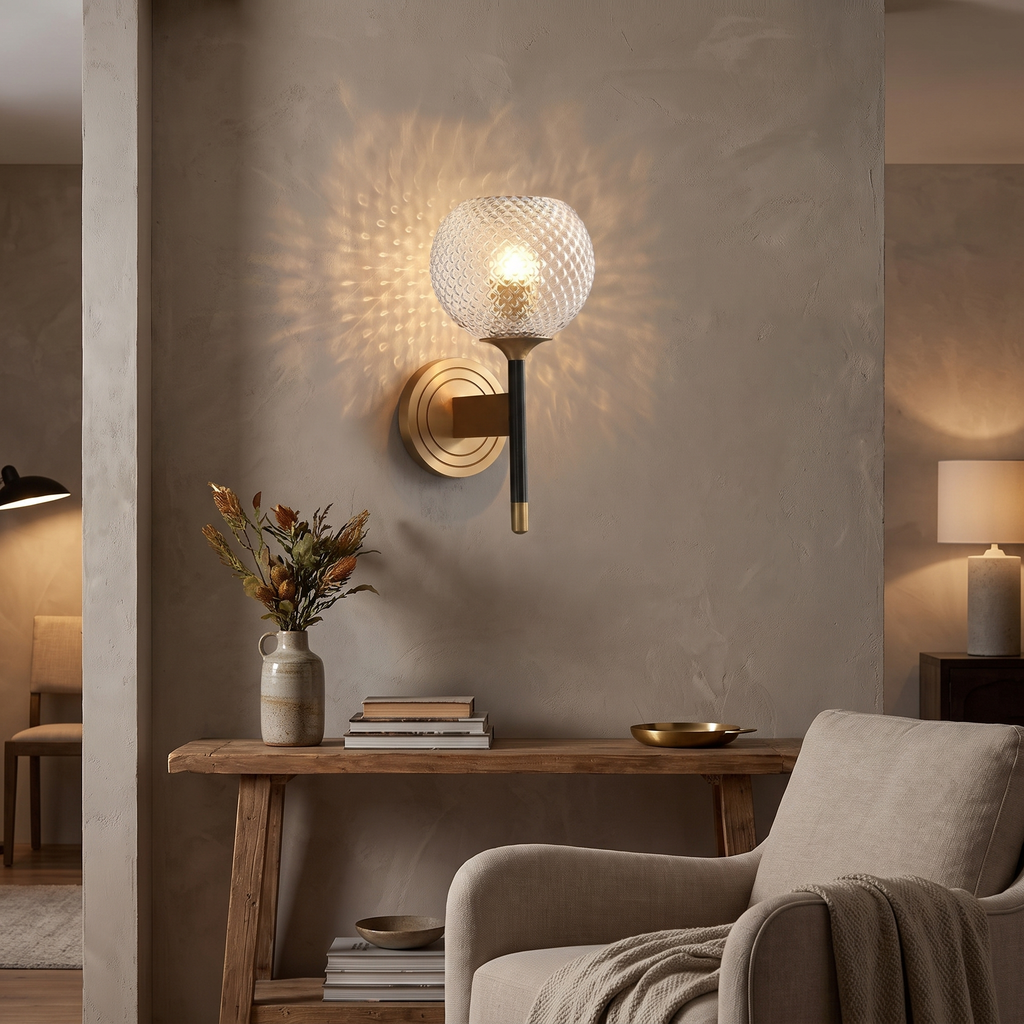 Hobnail Glass Globe Brass Wall Sconce - lifestyle