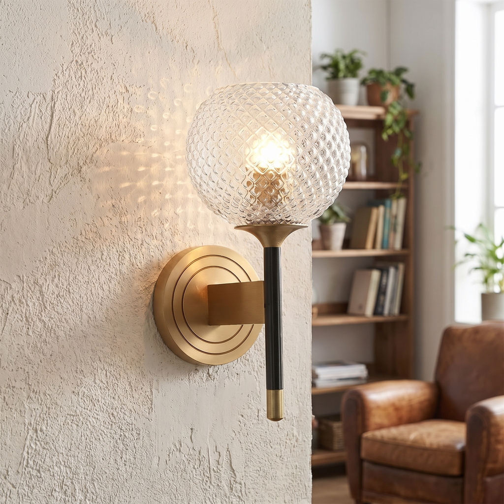 Hobnail Glass Globe Brass Wall Sconce - lifestyle