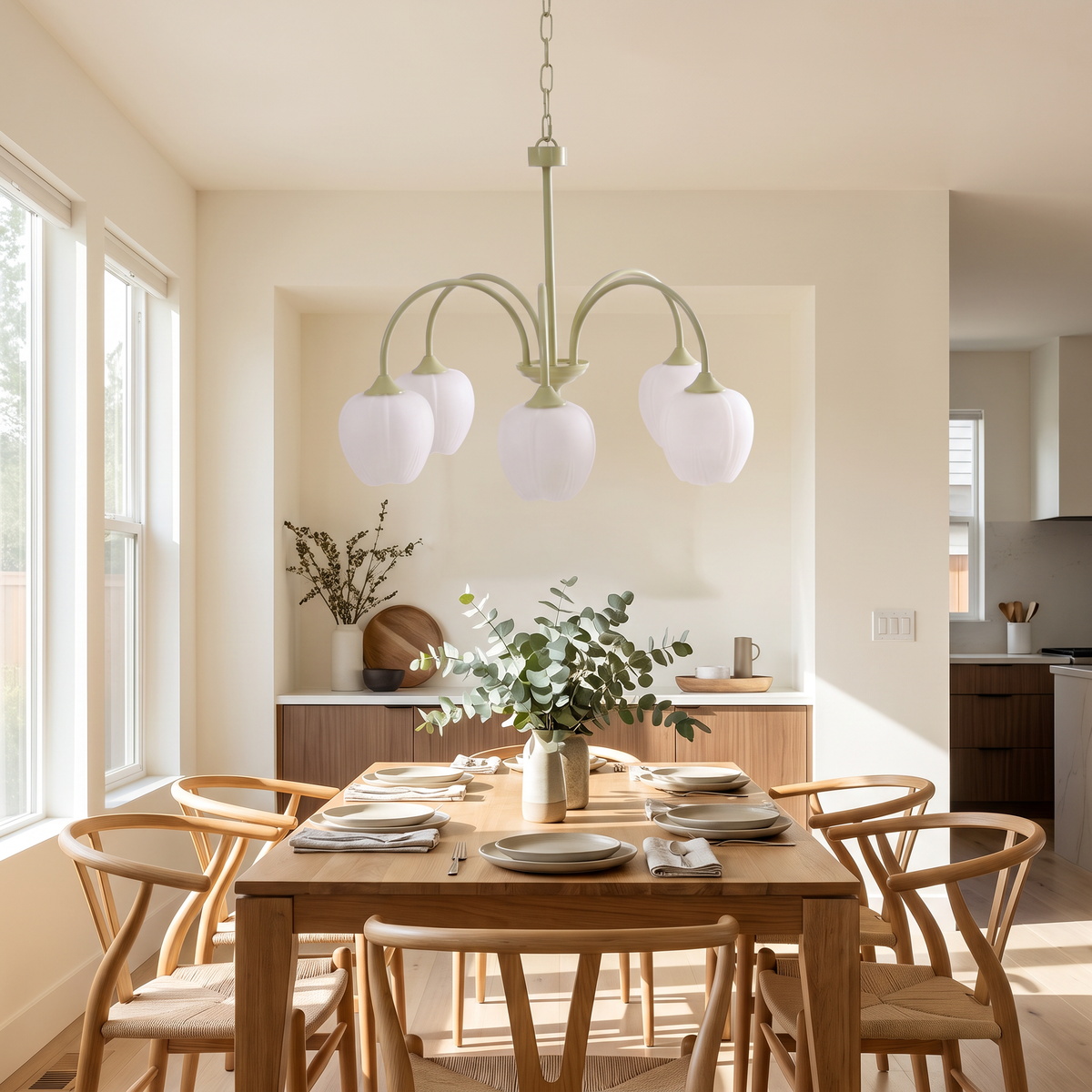 Ribbed Tulip Glass Curved Arm Chandelier - lifestyle
