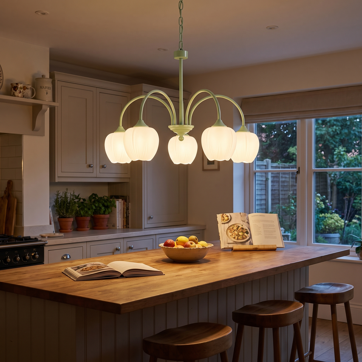 Ribbed Tulip Glass Curved Arm Chandelier - lifestyle