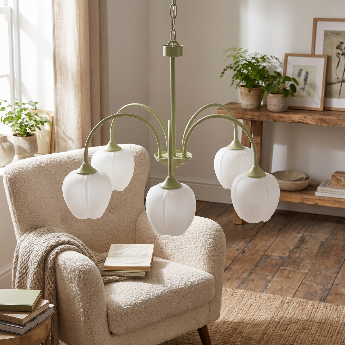 Ribbed Tulip Glass Curved Arm Chandelier - lifestyle