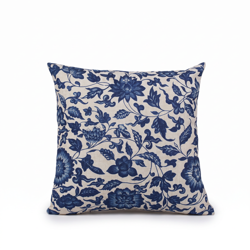 Blue Porcelain Print Linen-Cotton Cushion Cover