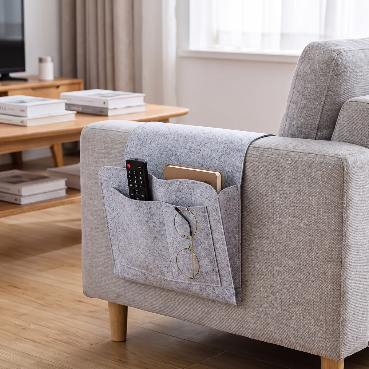 Felt Bedside Organizer with Cable Openings - lifestyle